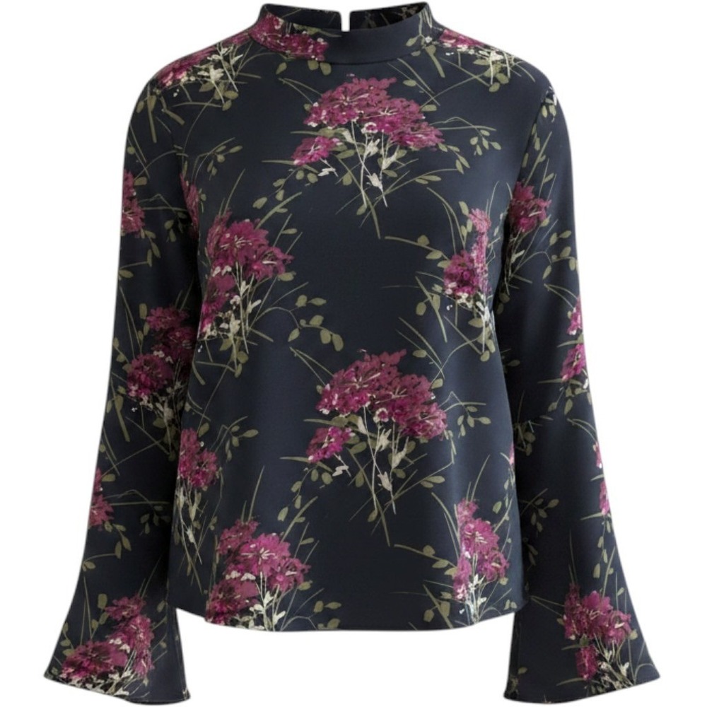 LOFT Outlet Floral Bell Sleeve Blouse Navy Pink Purple Tie Back Top XL 471037